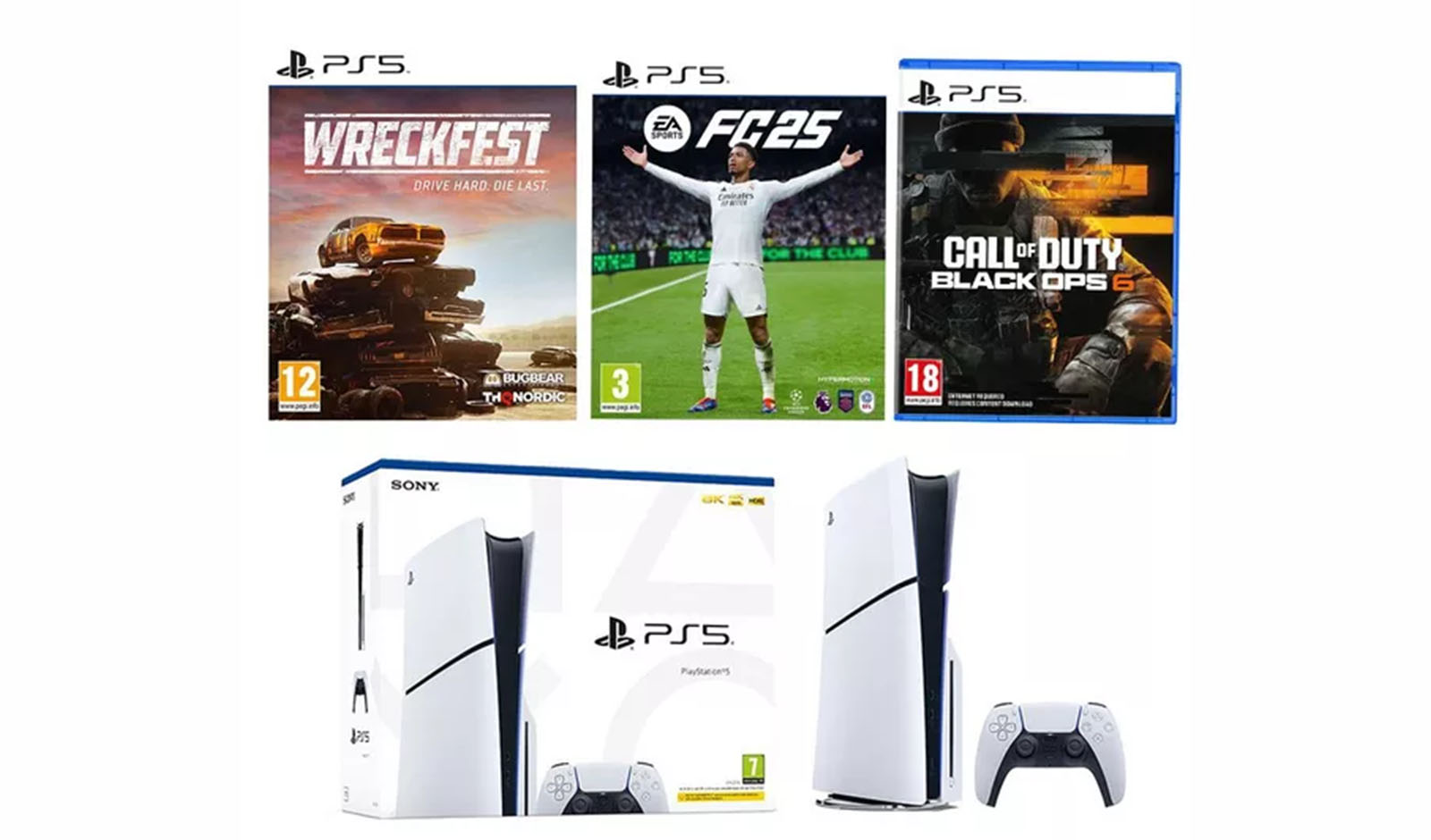 SONY PS5 Slim EA Sports FC 25, Call of Duty: Black Ops 6 & Wreckfest Bundle, now just £589