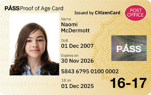 Post Office PASS Card issued by CitizenCard - UK proof of age card for 16-17s